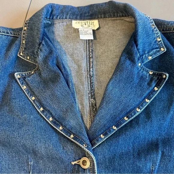 Vintage Cervelle S blue jean blazer jacket frayed trim & rivets Y2K Boho Chic - Picture 8 of 8
